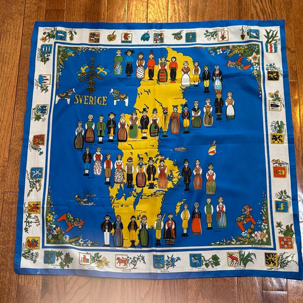 Vintage Made in Italy Stig E. H. Rousk Folk Art Sverige Sweden Souvenir Scarf